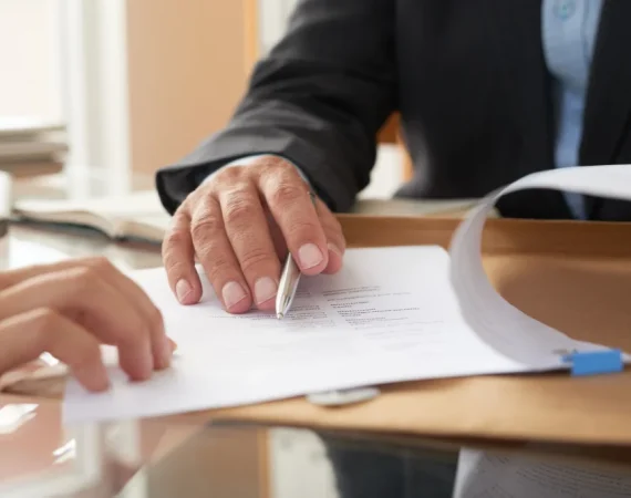 Persona revisando con un bolígrafo un contrato de trabajo junto a otra persona en una mesa de oficina